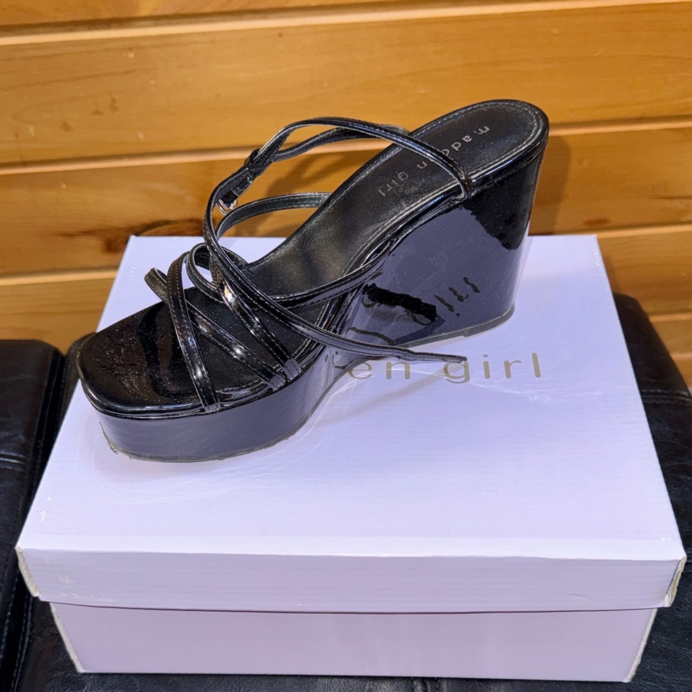 Madden Girl Black Patent Strappy Platform Wedge